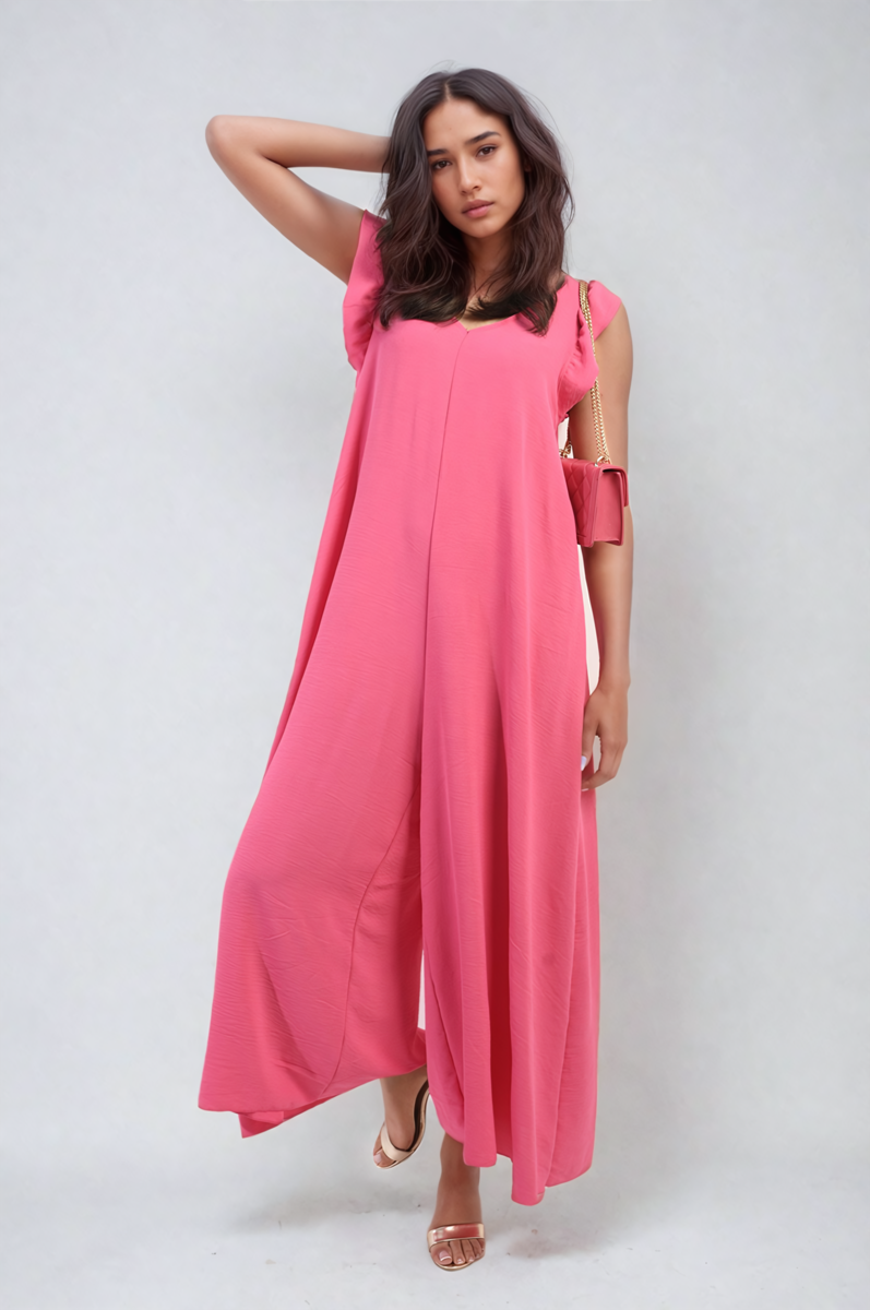 Pink wide-leg jumpsuit with V-neck and ruffle cap sleeves