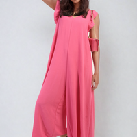 Pink wide-leg jumpsuit with V-neck and ruffle cap sleeves