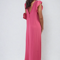 Pink wide-leg jumpsuit with V-neck and ruffle sleeves