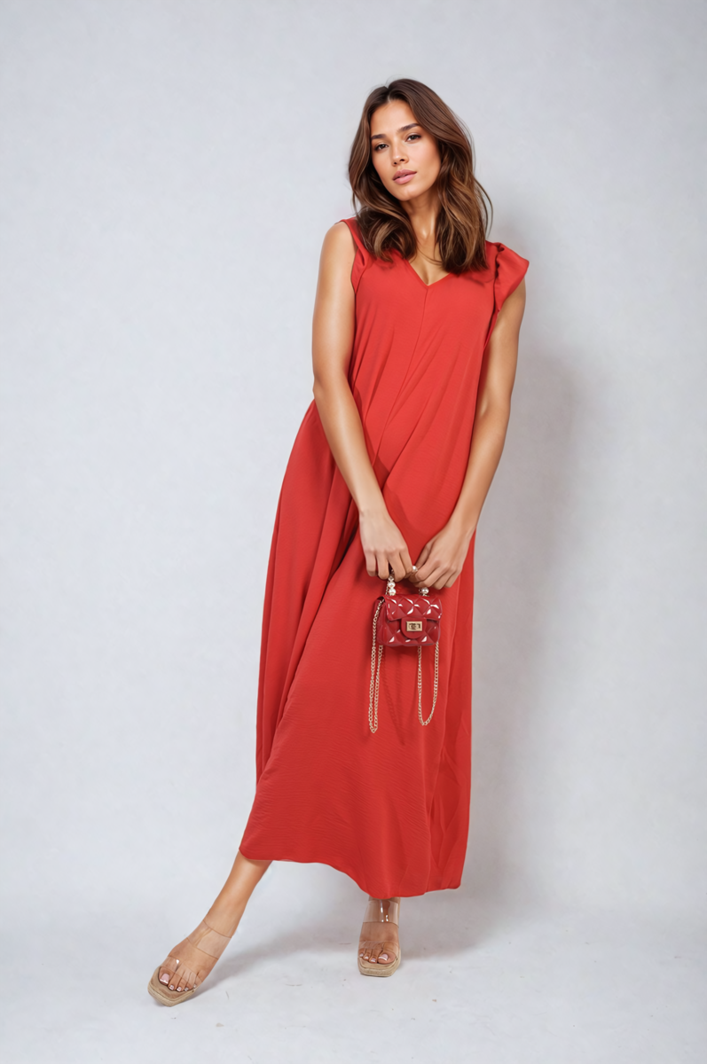 Red wide-leg V-neck jumpsuit with ruffle sleeves, full-length front view