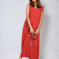 Red wide-leg V-neck jumpsuit with ruffle sleeves, full-length front view