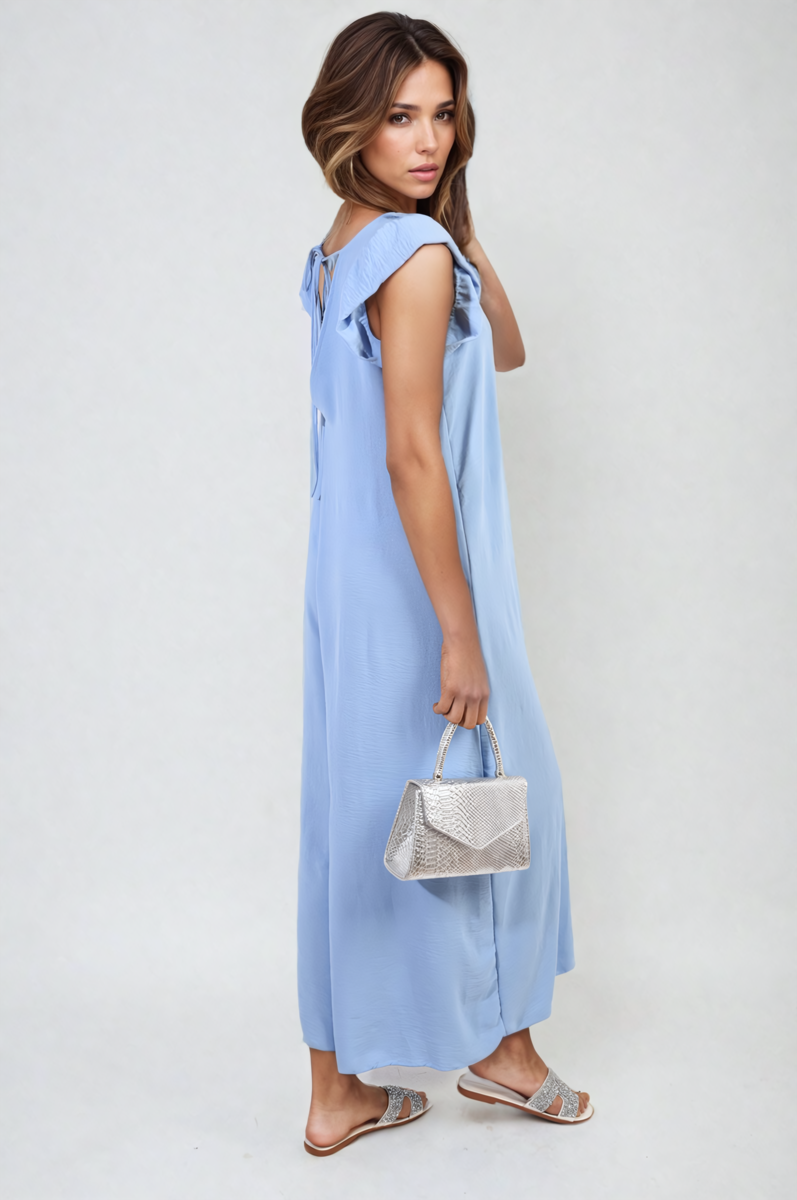 Sky blue wide-leg jumpsuit with V-neck and ruffle sleeves, back/side view