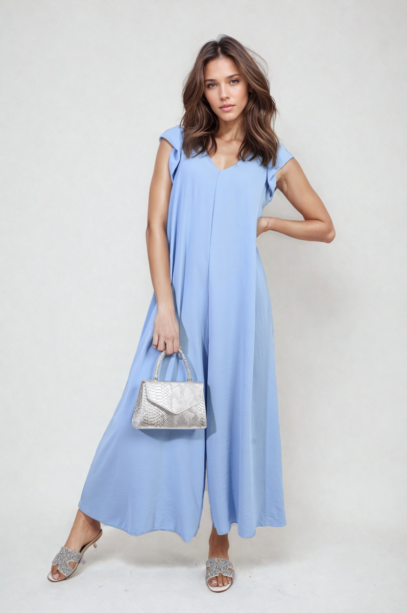 Sky blue wide-leg jumpsuit with V-neck and ruffle sleeves, full-length front view