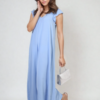 Sky blue wide-leg V-neck jumpsuit with ruffle sleeves, close front view