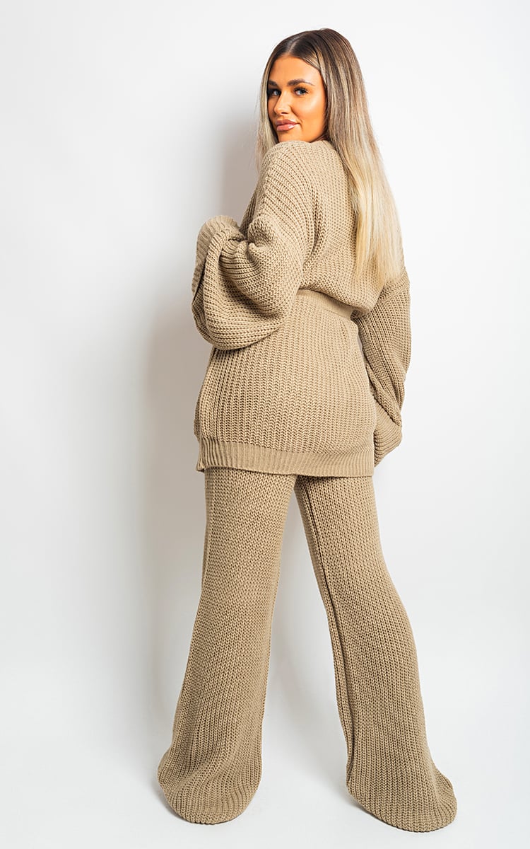 Knitted Co-ord Set in Black with Belted Cardigan and Wide-Leg Trousers