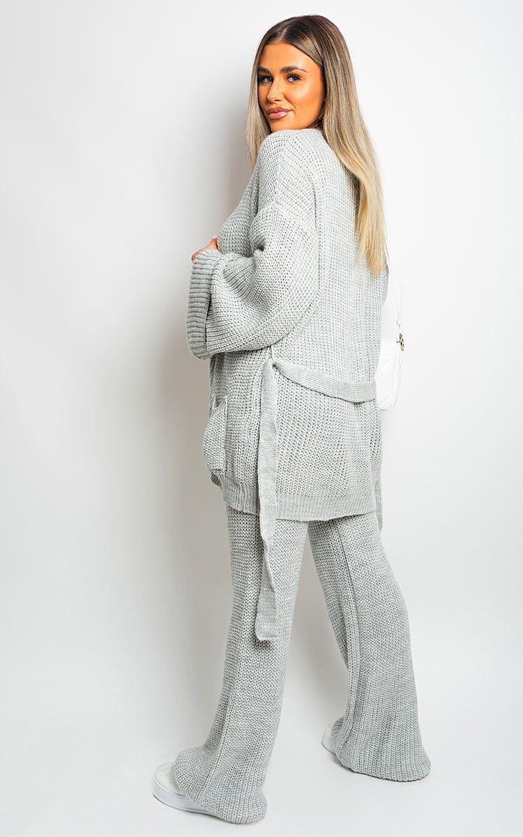 Knitted Co-ord Set in Black with Belted Cardigan and Wide-Leg Trousers