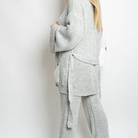 Knitted Co-ord Set in Black with Belted Cardigan and Wide-Leg Trousers