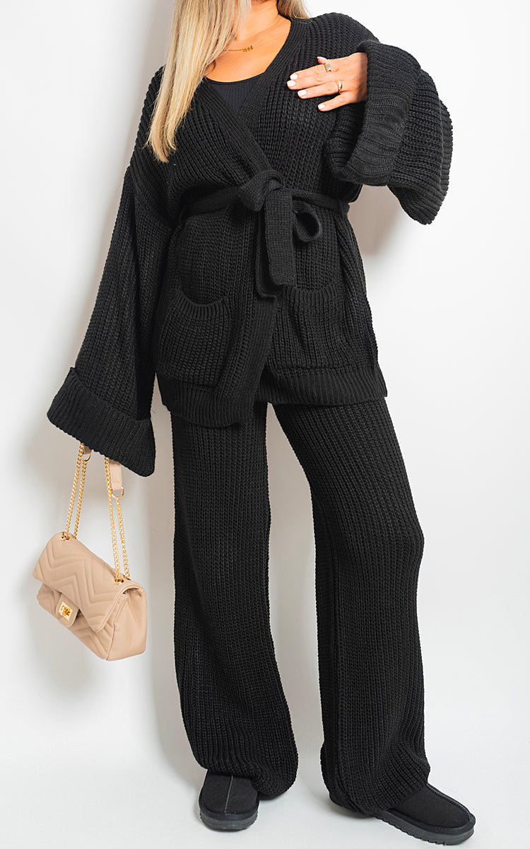 Knitted Co-ord Set in Black with Belted Cardigan and Wide-Leg Trousers