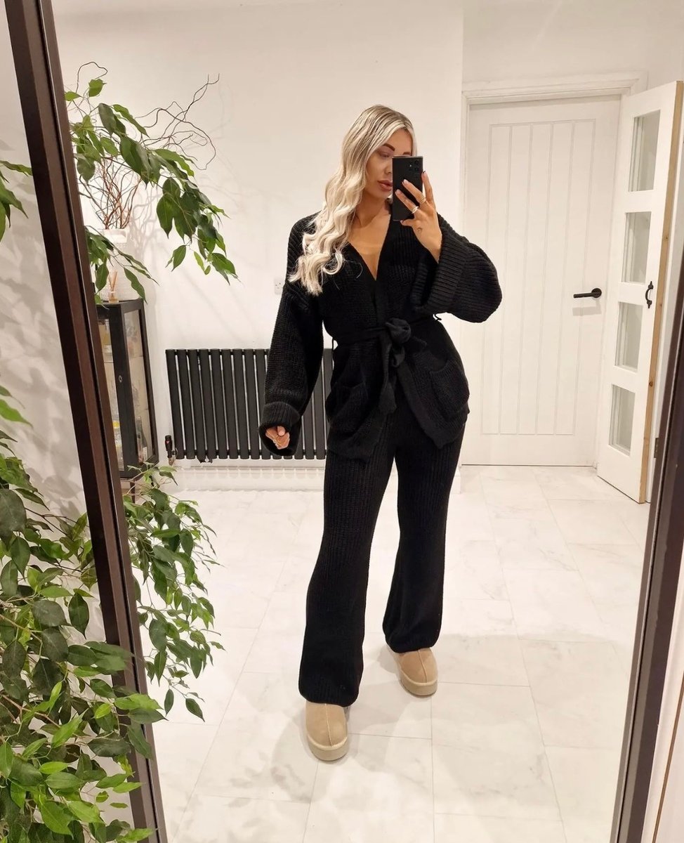 Knitted Co-ord Set in Black with Belted Cardigan and Wide-Leg Trousers