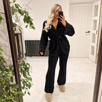 Knitted Co-ord Set in Black with Belted Cardigan and Wide-Leg Trousers
