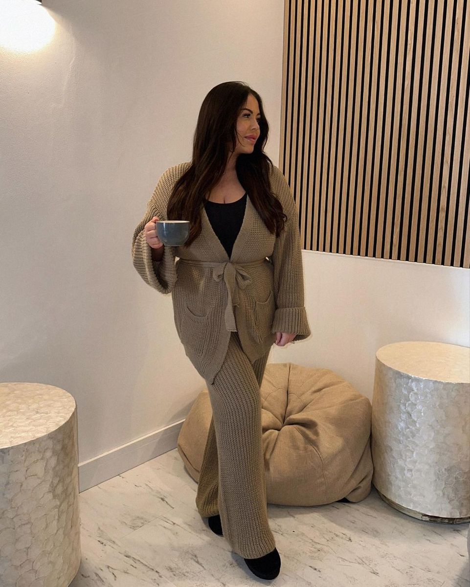 Knitted Co-ord Set in Black with Belted Cardigan and Wide-Leg Trousers