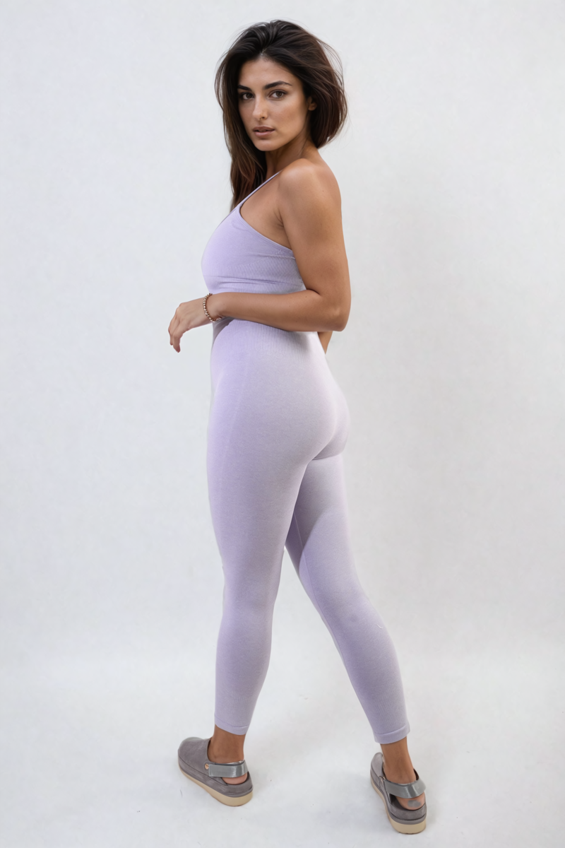 Lilac bodycon jumpsuit with scoop neck and slim straps, smooth fitted long legs
