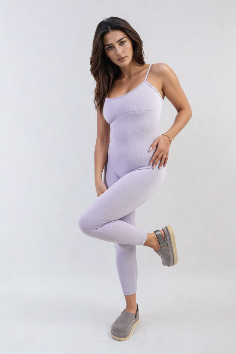 Lilac bodycon jumpsuit with scoop neck and slim straps, close-fit long leg