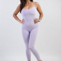 Lilac bodycon jumpsuit with scoop neck and slim straps, fitted full-length legs