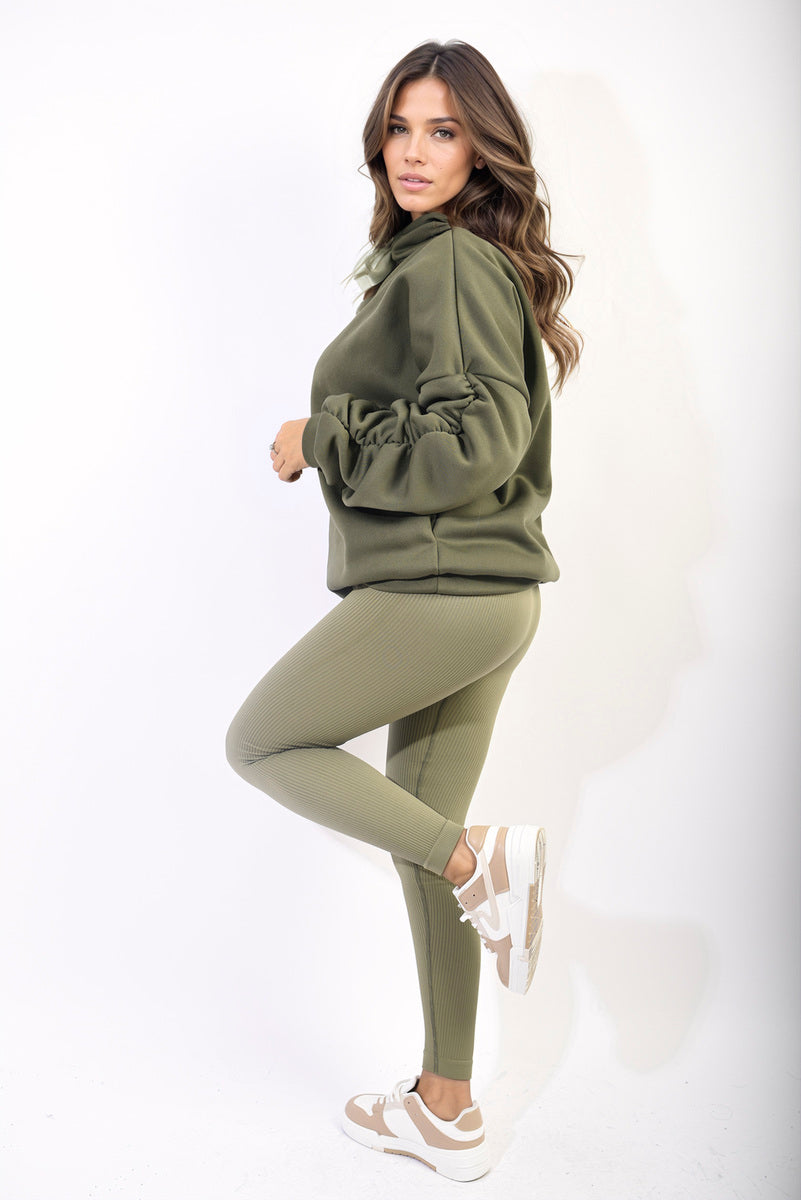 Oversized Hoodie in Dark Green with Ribbon Tie and Ruched Sleeves