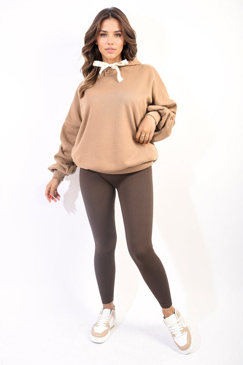 Oversized Hoodie in Dark Green with Ribbon Tie and Ruched Sleeves