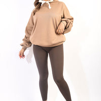 Oversized Hoodie in Dark Green with Ribbon Tie and Ruched Sleeves