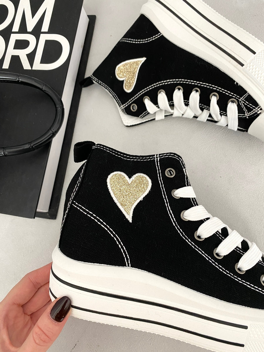 Kids black high-top lace-up trainers with gold heart patch and white midsole stripes