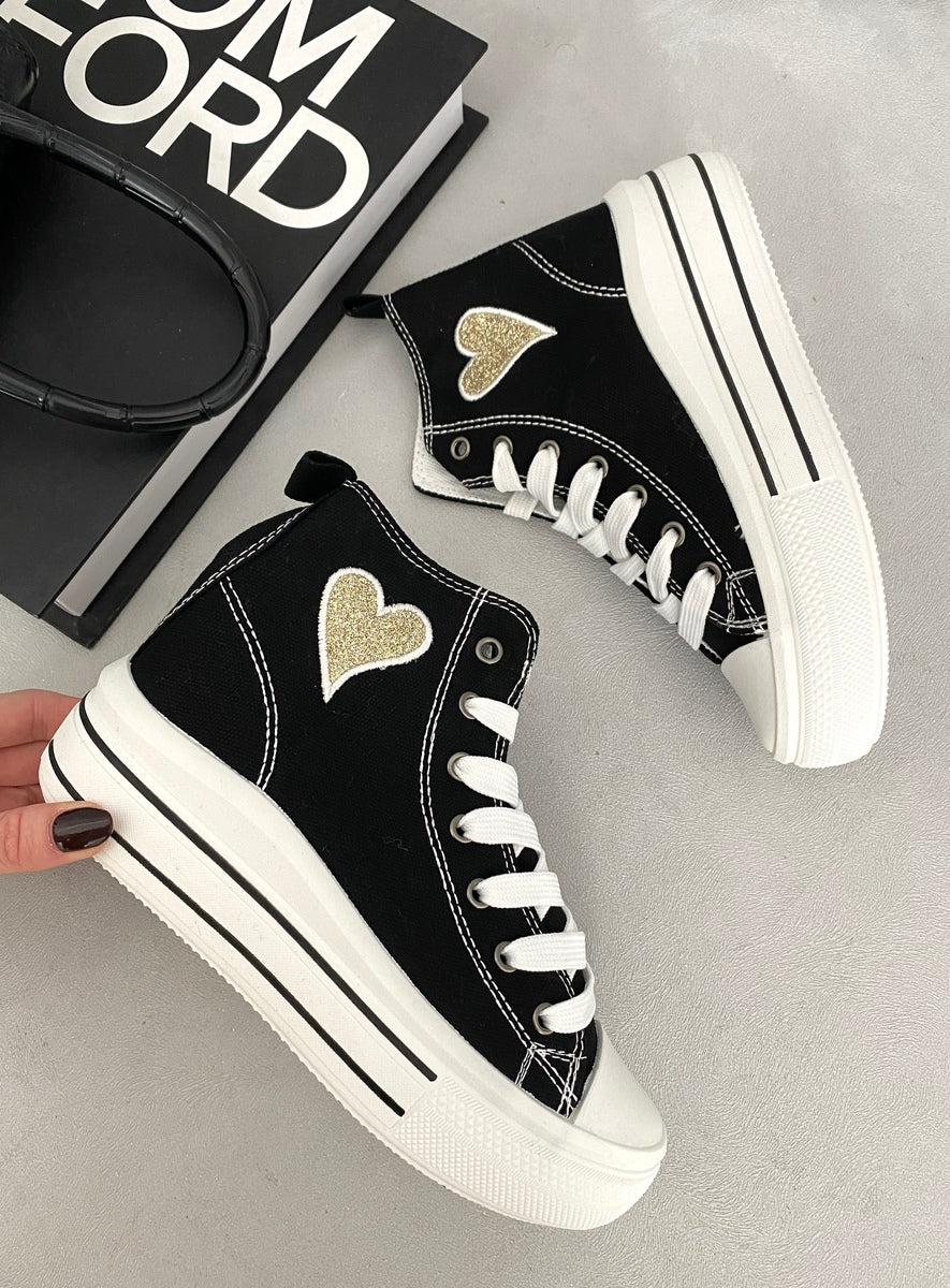 Kids black high-top lace-up trainers with heart appliques and white outsole stripes