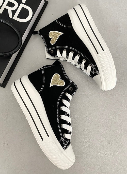 Kids high-top lace-up trainers, black with gold heart patches and white sole