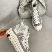Kids high-top lace-up trainers in silver with heart patch and woven ankle collar