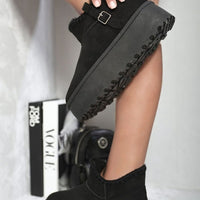 Black suede ankle boots with faux fur lining, buckle strap, and chunky platform sole.