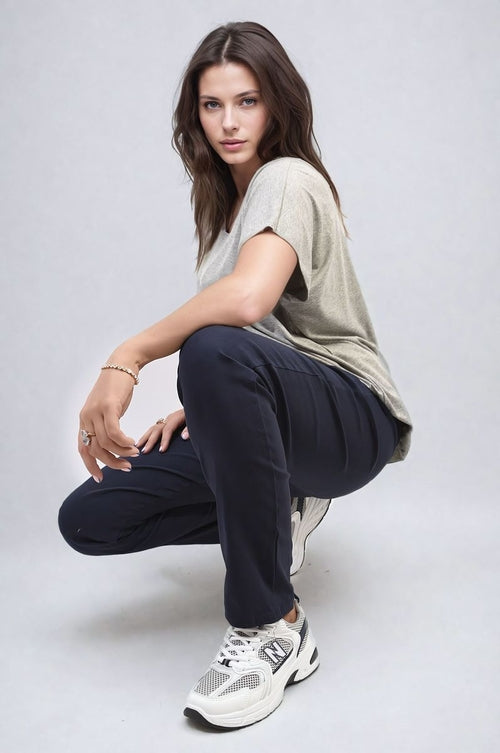 Navy drawstring tapered trousers with side pockets