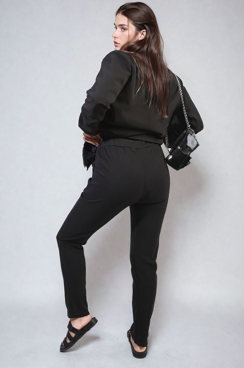 Black drawstring tapered trousers with side pockets, back and side view