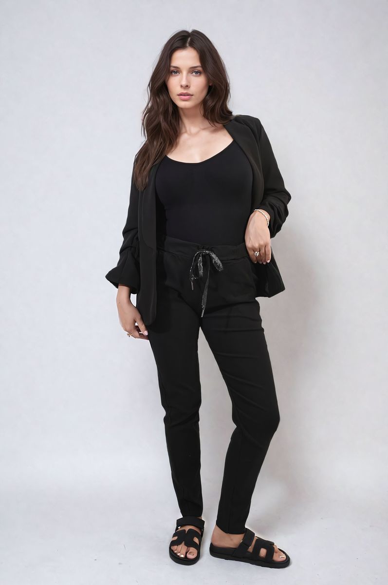 Black drawstring tapered trousers with side pockets