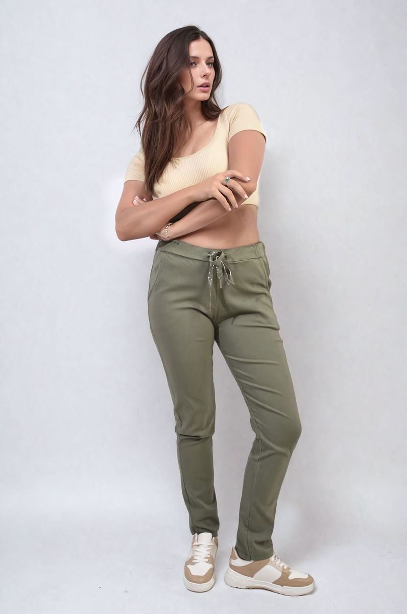 Olive khaki drawstring tapered trousers with side pockets and cuffed ankle hem