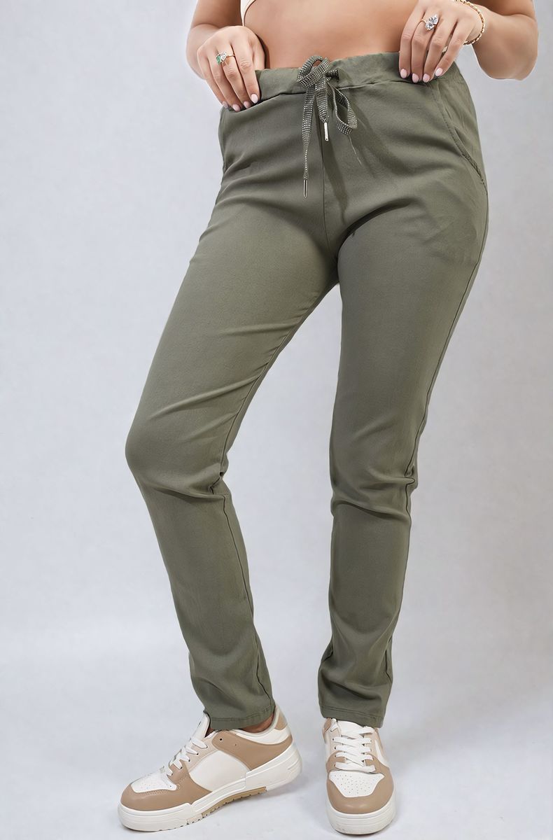 Olive khaki drawstring tapered trousers with side pockets and drawcord waist