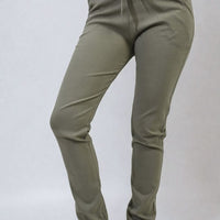 Olive khaki drawstring tapered trousers with side pockets and drawcord waist