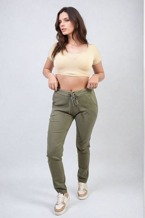 Olive khaki drawstring tapered trousers with side pockets