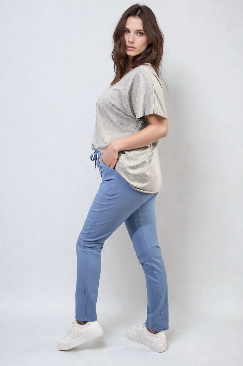 Light blue drawstring tapered trousers with side pockets and elastic ankle cuffs