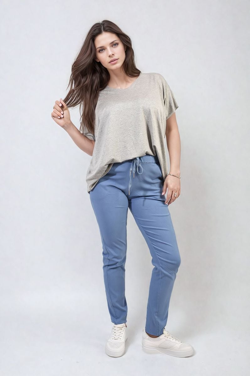 Blue drawstring tapered trousers with side pockets and adjustable waist drawcord