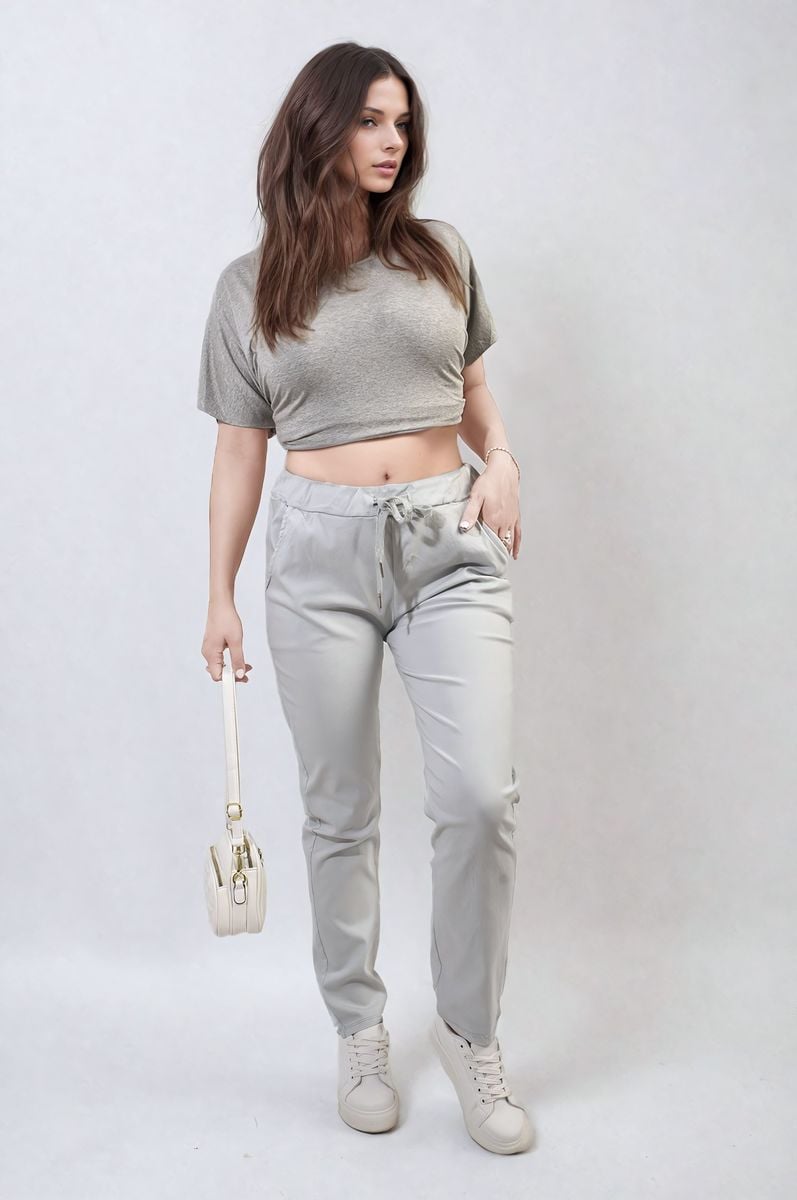 Drawstring tapered trousers in pale grey, side pockets, drawstring elastic waist