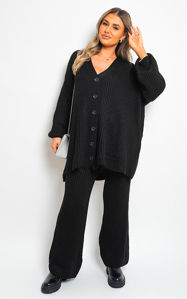 Knitted Co-ord Set in Cream with Cardigan and Wide-Leg Trousers
