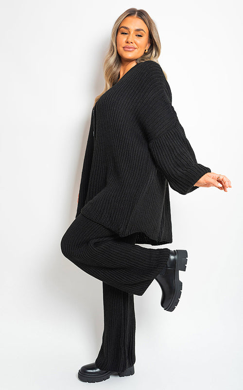 Knitted Co-ord Set in Cream with Cardigan and Wide-Leg Trousers