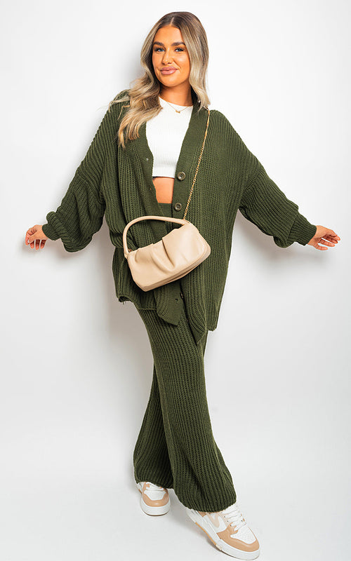 Knitted Co-ord Set in Cream with Cardigan and Wide-Leg Trousers
