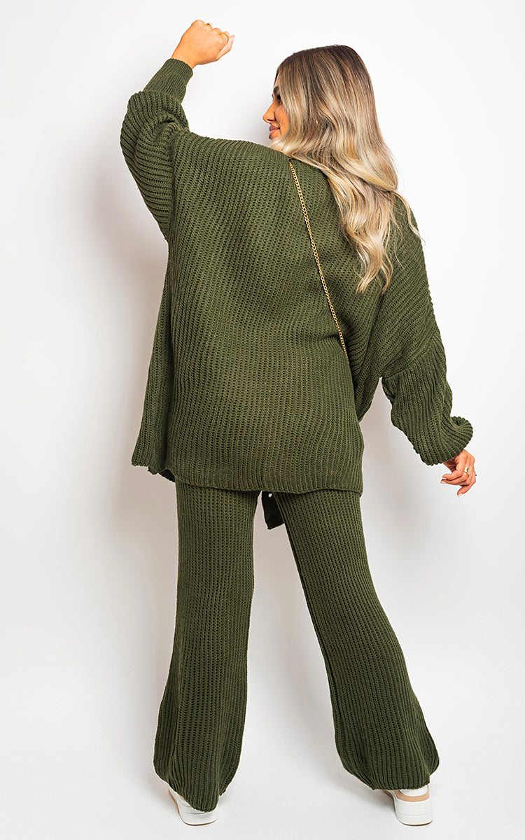 Knitted Co-ord Set in Cream with Cardigan and Wide-Leg Trousers