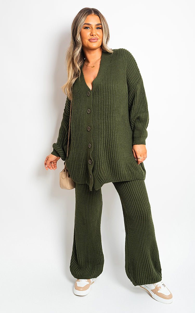 Knitted Co-ord Set in Cream with Cardigan and Wide-Leg Trousers