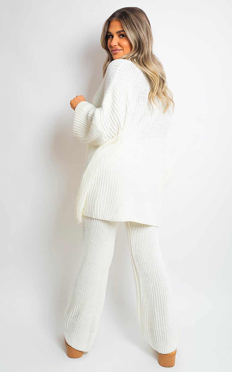 Knitted Co-ord Set in Cream with Cardigan and Wide-Leg Trousers
