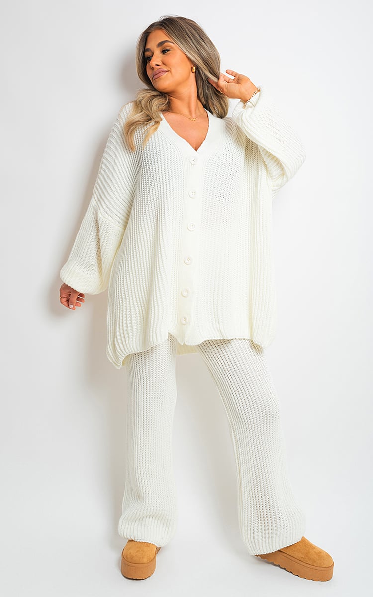 Knitted Co-ord Set in Cream with Cardigan and Wide-Leg Trousers