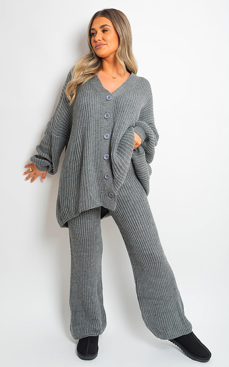 Knitted Co-ord Set in Cream with Cardigan and Wide-Leg Trousers