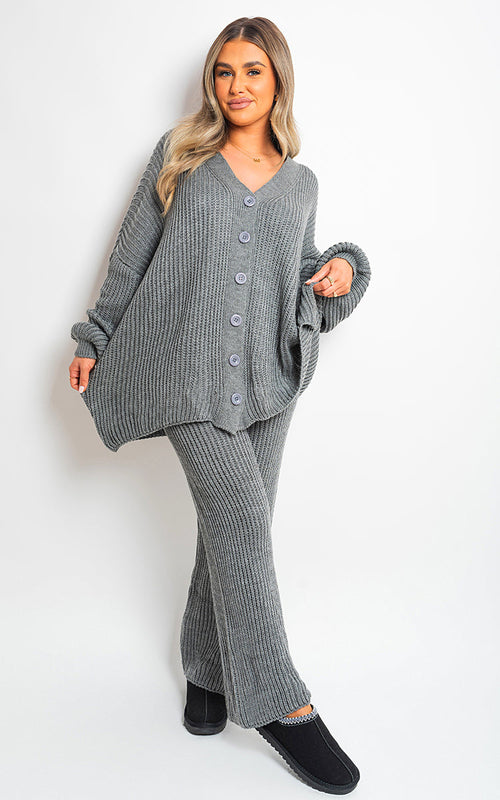 Knitted Co-ord Set in Cream with Cardigan and Wide-Leg Trousers