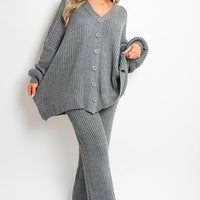Knitted Co-ord Set in Cream with Cardigan and Wide-Leg Trousers