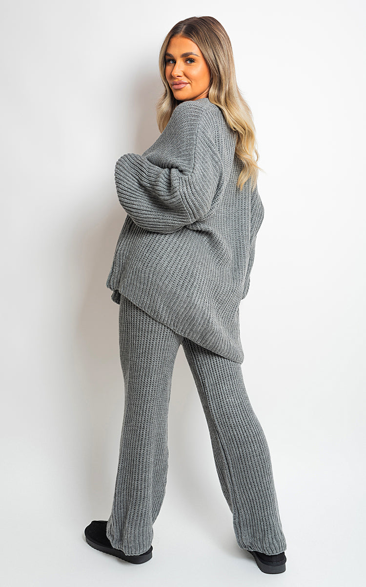 Knitted Co-ord Set in Cream with Cardigan and Wide-Leg Trousers