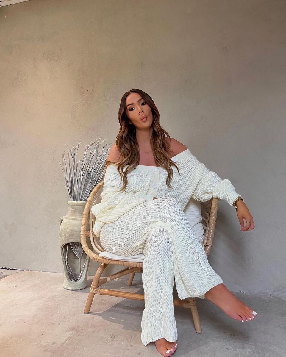 Knitted Co-ord Set in Cream with Cardigan and Wide-Leg Trousers