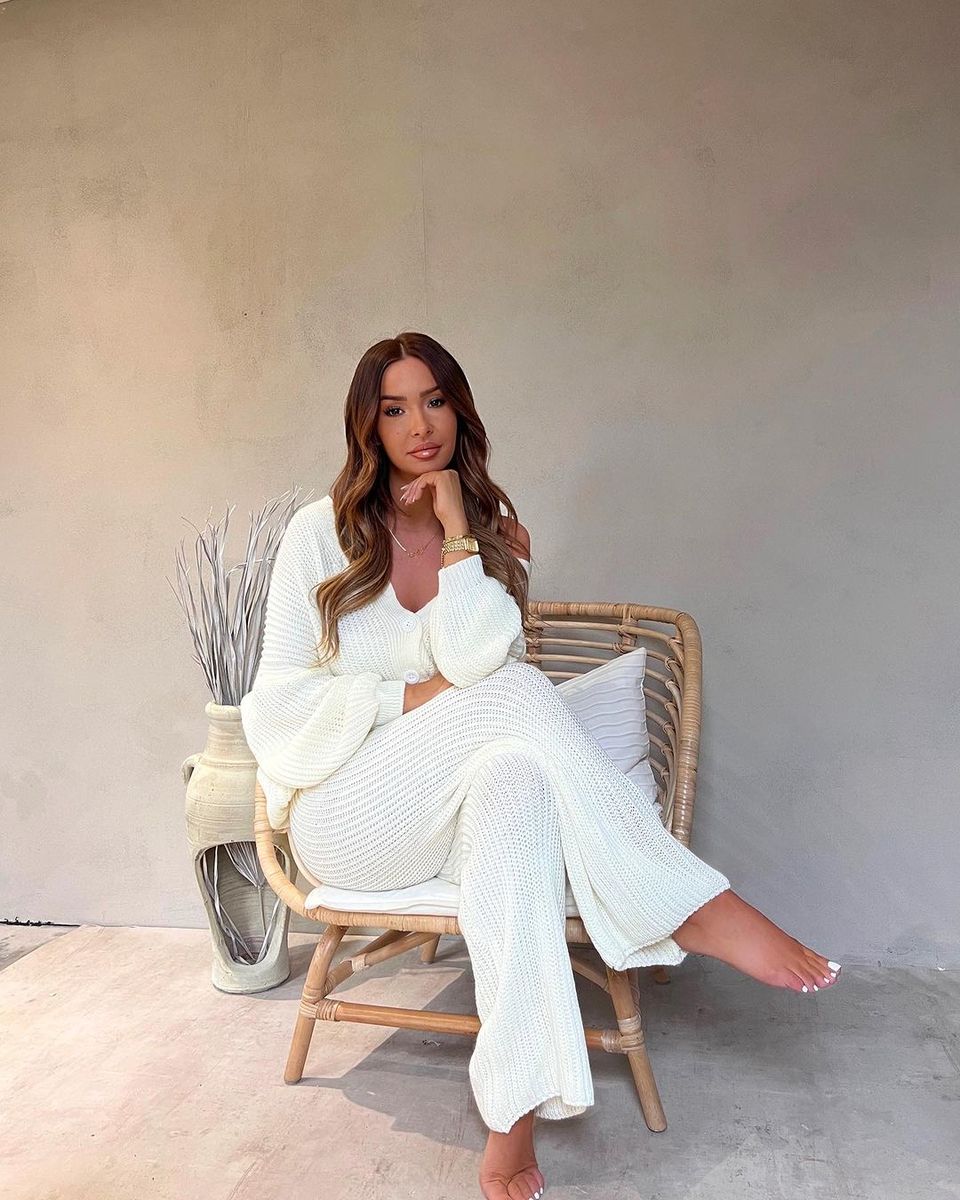 Knitted Co-ord Set in Cream with Cardigan and Wide-Leg Trousers