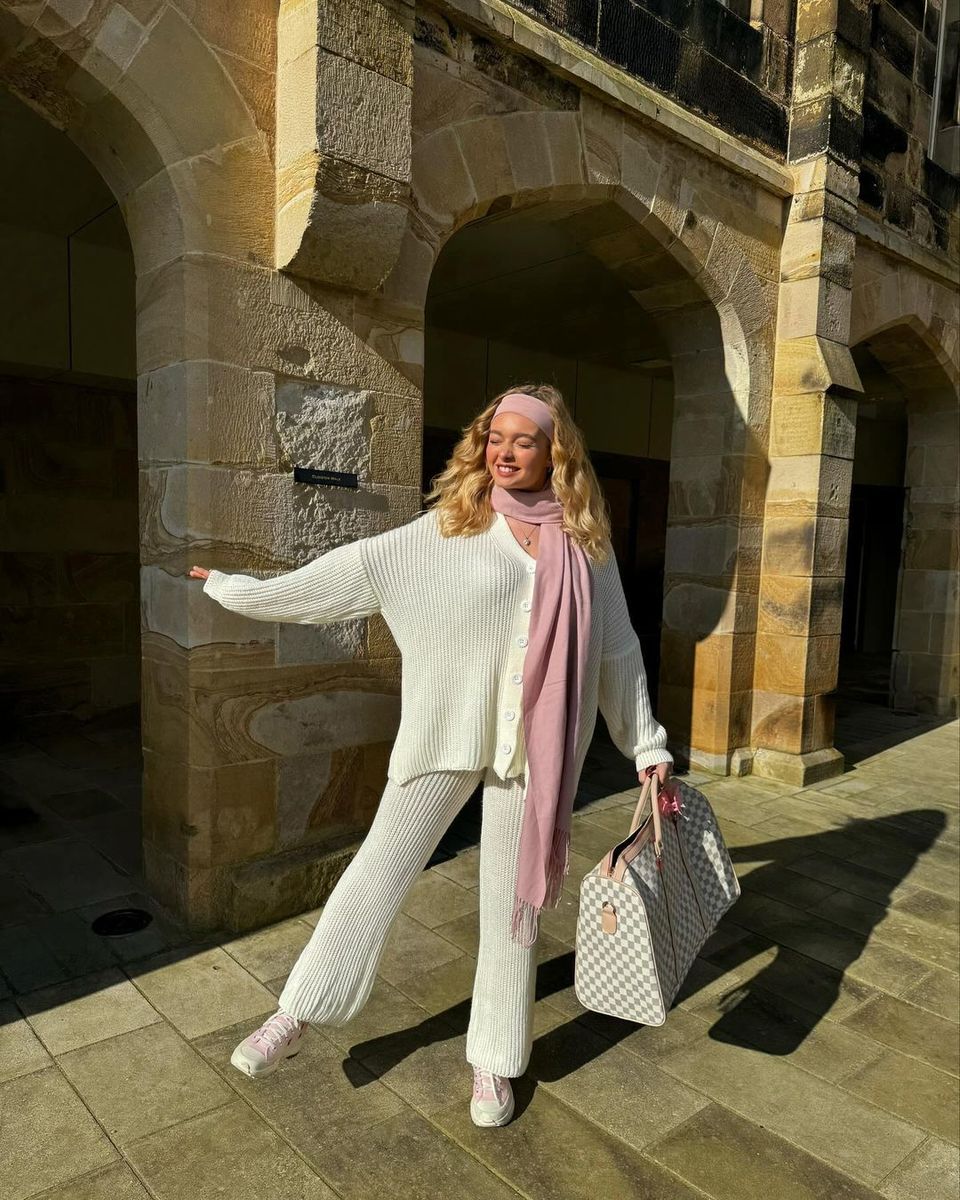 Knitted Co-ord Set in Cream with Cardigan and Wide-Leg Trousers